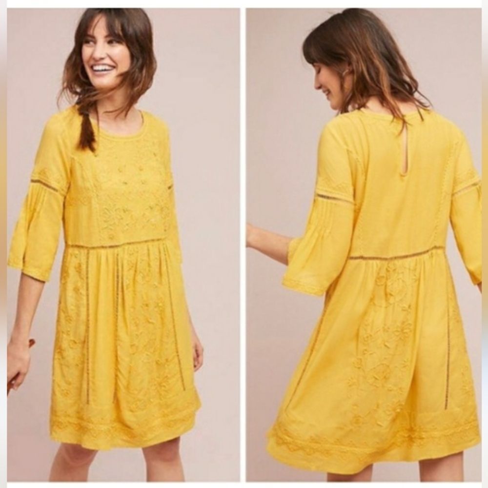 Anthropologie Akemi & Kin Yellow Boho Embroidered Mini Dress Small